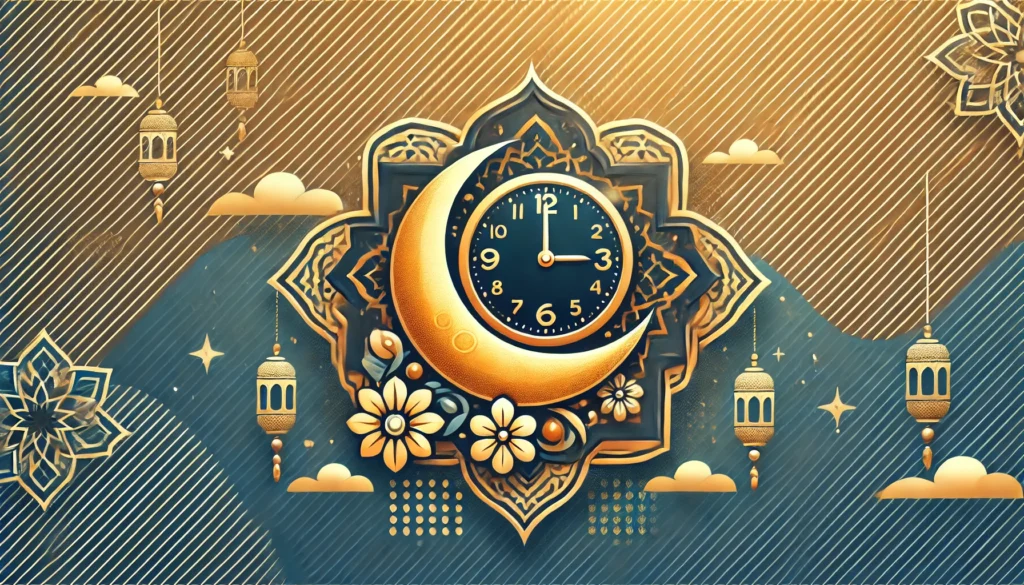 Hilal ve saat sembollerinin yanı sıra, arka planda İslami geometrik desenler