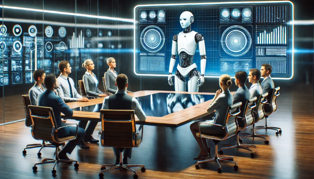 Bir toplantı odasında, insan çalışanlara talimat veren bir robot yöneticiyi