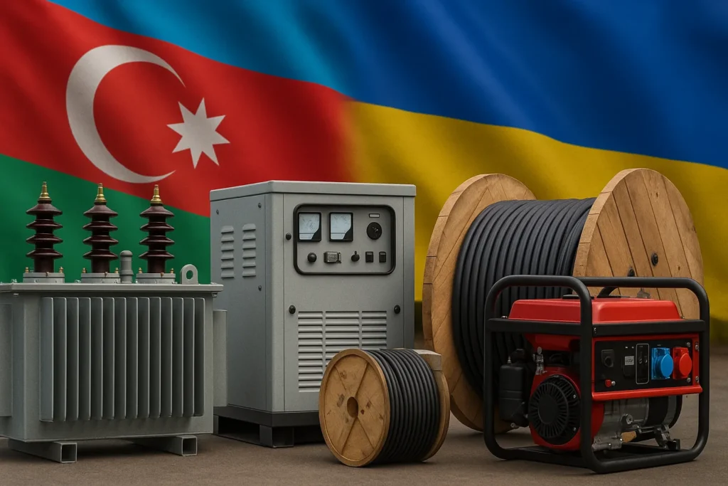 Azerbaycan’ın Ukrayna’ya gönderdiği elektrik ekipmanları – trafo, jeneratör ve kablo makaraları, arka planda Azerbaycan ve Ukrayna bayraklarıyla birlikte.