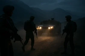 Gece vakti Golan Tepeleri yakınlarında İsrail askerlerinin operasyon sırasında zırhlı araç önünde ilerleyişi, puslu dağ manzarası ve gerilim dolu atmosfer.
