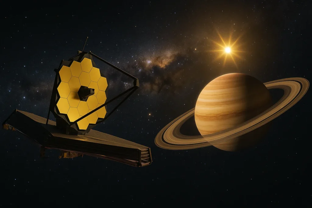 James Webb Teleskobu’nun Alpha Centauri sisteminde halkalı bir gaz gezegenini gözlemlediği, yıldızlar ve galaksi dokusuyla çevrili yatay formatta uzay görseli.