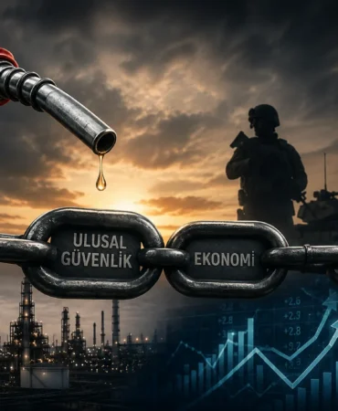 Bu görsel, benzin tüketimi ile Türkiye’nin ekonomik ve ulusal güvenliği arasındaki bağlantıyı sembolik olarak anlatmaktadır. Ön planda bir akaryakıt istasyonu yer alırken, arka planda fiyat dalgalanmalarını ve ekonomik göstergeleri temsil eden grafikler görülmektedir. Şehir ve sanayi unsurları, enerjinin sadece bir tüketim ürünü değil, aynı zamanda ekonomik istikrar ve ulusal güvenliğin temel bir bileşeni olduğunu vurgulamaktadır.