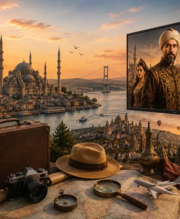 Türk dizilerinin turizm üzerindeki etkisini yansıtan kavramsal bir görsel. Görselde İstanbul’un modern şehir dokusu ile Osmanlı mimarisine ait tarihî yapılar ve turistik alanlar bir arada yer almakta, farklı ülkelerden gelen turistlerin şehri ziyaret ettiği sahneler görülmektedir. Bu görsel, medya içeriklerinin özellikle dizilerin Türkiye’nin turizm destinasyonu olarak algılanmasındaki dönüştürücü rolünü ifade etmektedir.