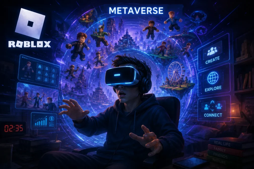Roblox logosu ile metaverse simgesinin yer aldığı kavramsal bir görsel. Sanal gerçeklik gözlüğü takan bir genç, dijital ışıklar ve üç boyutlu sanal öğelerle çevrili şekilde sanal dünyaya derinlemesine dalmış görünmektedir. Avatarlar ve dijital ağ yapıları, etkileşim odaklı sanal evreni temsil ederken, görsel aynı zamanda dijital yaşamın gerçek yaşamın önüne geçme riskine de dikkat çekmektedir.