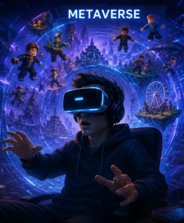 Roblox logosu ile metaverse simgesinin yer aldığı kavramsal bir görsel. Sanal gerçeklik gözlüğü takan bir genç, dijital ışıklar ve üç boyutlu sanal öğelerle çevrili şekilde sanal dünyaya derinlemesine dalmış görünmektedir. Avatarlar ve dijital ağ yapıları, etkileşim odaklı sanal evreni temsil ederken, görsel aynı zamanda dijital yaşamın gerçek yaşamın önüne geçme riskine de dikkat çekmektedir.