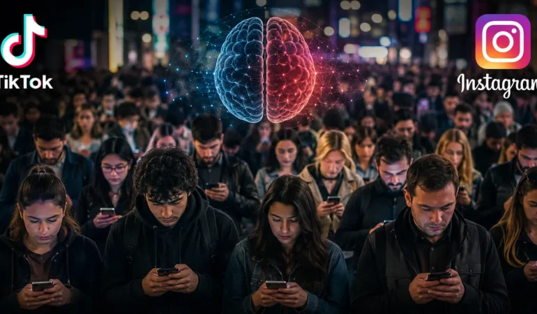 Gece vakti şehir ortamında, hepsi yoğun bir şekilde akıllı telefonlarına bakan kalabalık bir insan grubunu gösteren bir görsel. Sol üst köşede TikTok logosu, sağ üst köşede ise Instagram logosu yer almaktadır. Görselin üst orta kısmında, yarısı mavi (soğuk), diğer yarısı kırmızı (sıcak) renkte parlayan, sosyal medyanın kullanıcıların dikkat ve zihinsel aktiviteleri üzerindeki etkisini simgeleyen soyut bir insan beyni grafiği bulunmaktadır.