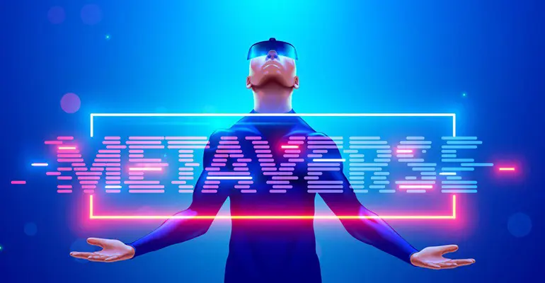 Metaverse'i temsil eden kavramsal bir görsel. Kullanıcılar dijital avatarlarıyla üç boyutlu sanal dünyalarda etkileşim kurmakta, sosyal ve ekonomik faaliyetlere katılmakta ve geleneksel sosyal medya platformlarının ötesinde sürükleyici bir dijital yaşam deneyimi yaşamaktadır.