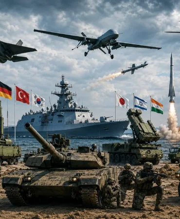 Bu görselde tanklar, savaş uçakları, füze sistemleri, savaş gemileri, insansız hava araçları (İHA), helikopterler ve zırhlı araçlar farklı ülke bayraklarıyla birlikte yer almaktadır. Görsel, son yıllarda savunma sanayiine yapılan yatırımların artışını ve küresel silahlanma yarışının yeniden hız kazandığını simgelemektedir.