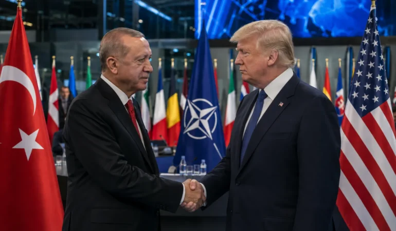 Görselde, NATO zirvesi sırasında iki siyasi liderin resmî bir ortamda tokalaştığı görülüyor. Sol tarafta Türkiye bayrağı, sağ tarafta ABD bayrağı ve arka planda NATO bayrağı yer alıyor. Görsel, Türkiye ile Amerika Birleşik Devletleri arasındaki stratejik fakat karmaşık ilişkileri diplomatik bir atmosfer içinde yansıtıyor.