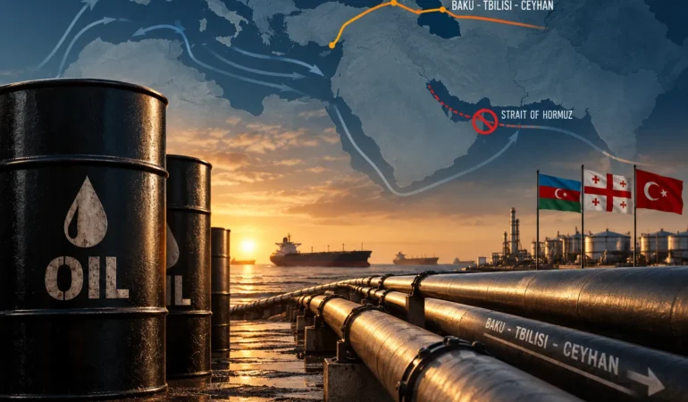 **Petrol varilleri, enerji boru hatları, petrol tankerleri ve rafineri tesisleriyle birlikte enerji taşımacılığı güzergâhlarını gösteren bir harita yer almaktadır. Görselde Hürmüz Boğazı ile Bakü–Tiflis–Ceyhan Petrol Boru Hattı, stratejik enerji koridorları olarak vurgulanmıştır. Görsel, alternatif enerji güzergâhlarının önemini, jeopolitik gerilimlerin küresel petrol piyasasına etkisini ve enerji koridorlarının bölge ile Avrupa'nın enerji güvenliği açısından taşıdığı stratejik değeri yansıtmaktadır.