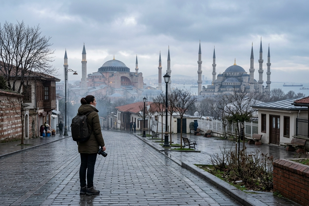 İstanbul'un Sultanahmet semtindeki tarihi bir sokakta duran bir turist, Ayasofya ile Sultanahmet Camii manzarasını izlemektedir. Görsel, döviz geliriyle şehri deneyimleyen turistler ile artan yaşam maliyetleri ve azalan satın alma gücüyle karşı karşıya kalan yerel halk arasındaki farklı yaşam deneyimini ve sosyal karşılaştırmayı simgelemektedir.
