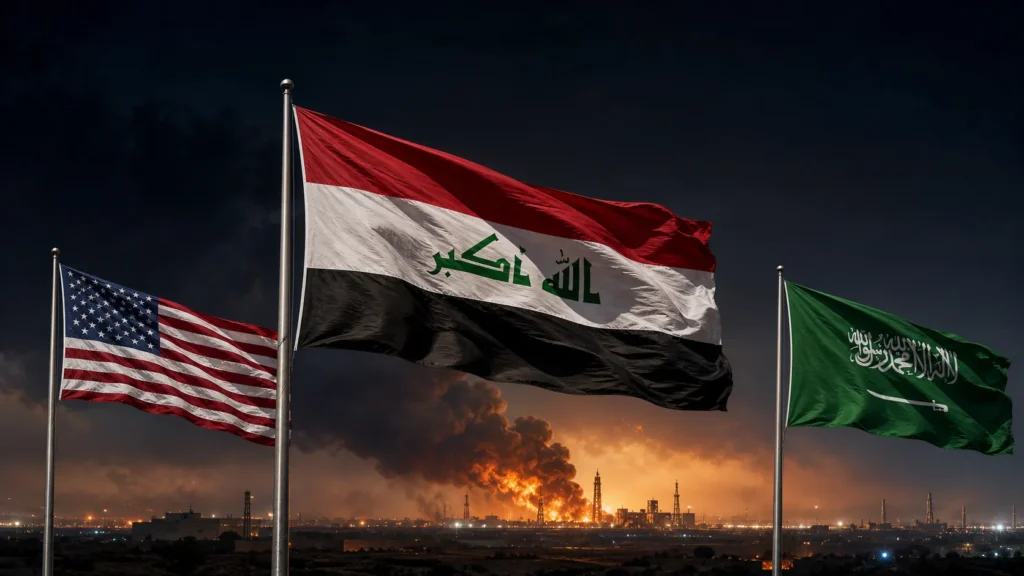 Görselin merkezinde Irak, iki yanında ABD ve Suudi Arabistan bayrakları yer alırken arka plandaki tesislerden alevler ve yoğun duman yükseliyor; Washington ve Riyad’ın Irak topraklarına yönelik ortak saldırısını ve bölgesel savaşın genişleme tehlikesini simgeleyen bir görüntü.