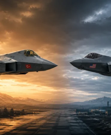 Türk bayrağı taşıyan yerli KAAN savaş uçağı, Amerikan bayraklı F-35’in karşısında yer alıyor; görsel, Ankara ile Washington arasındaki savunma rekabetini, askerî anlaşmazlıkları ve stratejik gerilimleri simgeliyor.