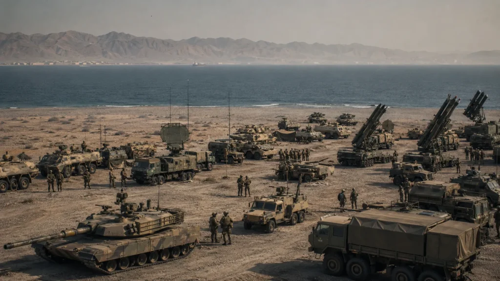 Hürmüz Boğazı’nın güney kıyısında; tanklar, zırhlı araçlar, füze sistemleri, radarlar ve lojistik araçlardan oluşan geniş çaplı kara kuvvetleri konuşlanması, karşı kıyıda İran’ın dağlık sahilleri görülüyor.
