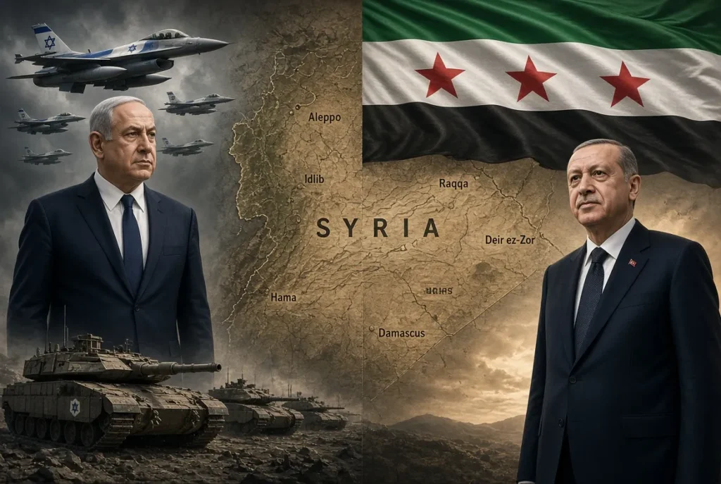 İki parçalı görüntü: Arka planda yeni Suriye bayrağıyla Suriye haritası. Sol tarafta Netanyahu, İsrail savaş uçağı ve tankıyla . Sağ tarafta Erdoğan ayakta. Konu: «İsrail ilerliyor; Türkiye ne zamana kadar sadece uyarıda bulunacak?