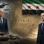 İki parçalı görüntü: Arka planda yeni Suriye bayrağıyla Suriye haritası. Sol tarafta Netanyahu, İsrail savaş uçağı ve tankıyla . Sağ tarafta Erdoğan ayakta. Konu: «İsrail ilerliyor; Türkiye ne zamana kadar sadece uyarıda bulunacak?