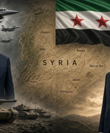İki parçalı görüntü: Arka planda yeni Suriye bayrağıyla Suriye haritası. Sol tarafta Netanyahu, İsrail savaş uçağı ve tankıyla . Sağ tarafta Erdoğan ayakta. Konu: «İsrail ilerliyor; Türkiye ne zamana kadar sadece uyarıda bulunacak?