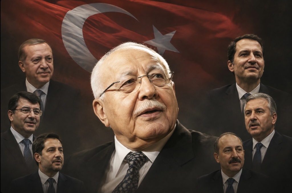 Merkezde Necmettin Erbakan'ın, çevresinde ise Türkiye'deki sonraki kuşak İslamcı siyasetçileri temsil eden isimlerin yer aldığı sembolik bir görsel. Arka plandaki Türk bayrağıyla birlikte görsel, Erbakan'ın Millî Görüş'ün oluşumundaki ve Türkiye'de siyasal İslam üzerindeki etkisini yansıtıyor.