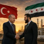 Recep Tayyip Erdoğan ve Ahmed el-Şara’nın petrol ve doğal gaz tesisleri önünde, Türkiye ve Suriye bayrakları eşliğinde el sıkışmasını gösteren temsili görsel; Ankara ile Şam arasında genişleyen enerji, ekonomi ve altyapı iş birliğini ve Türkiye’nin Suriye enerji sektöründeki muhtemel rolünü simgeliyor.