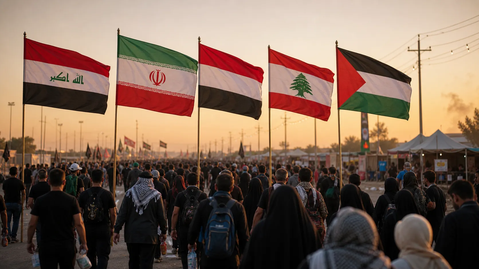 Necef’ten Kerbela’ya uzanan Erbain yürüyüşünde ziyaretçiler; Irak, İran, Yemen, Lübnan ve Filistin bayraklarının altında ilerliyor. Görsel, Erbain törenlerinde bölge halkları arasındaki sınır ötesi dayanışmayı simgeliyor.