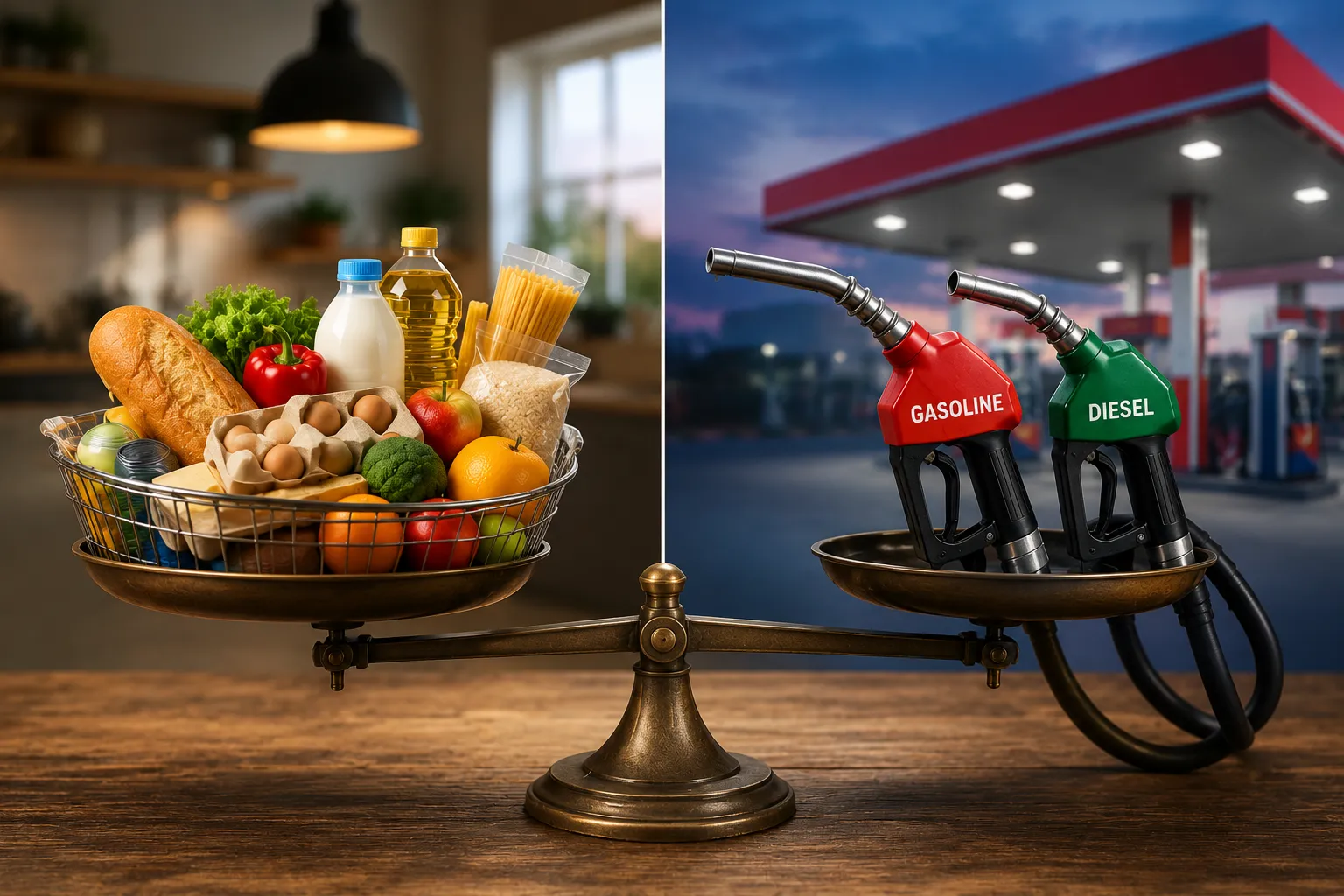 Bir terazinin bir kefesinde gıda ürünleri ve temel hane ihtiyaçları, diğer kefesinde ise benzin ve motorin pompalarının yer aldığı kavramsal görsel. Görsel, akaryakıt fiyatlarındaki artışın hane bütçesi ve yaşam maliyetleri üzerindeki doğrudan etkisini simgeliyor.