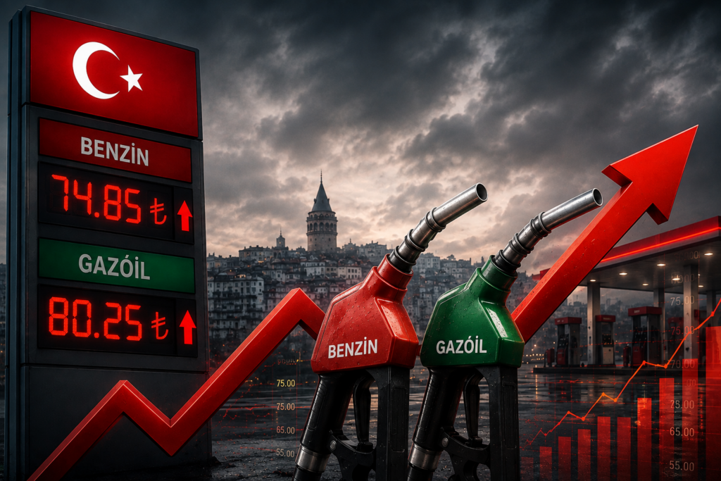 Türkiye’de akaryakıt fiyatlarındaki yükselişi gösteren kavramsal görsel; benzin ve motorin pompaları, Türk bayrağı, akaryakıt istasyonu ve yükselen fiyat grafikleriyle benzin fiyatlarındaki artışı, motorinin 80 TL sınırını aşmasını ve artan enerji maliyetlerinin Türkiye ekonomisi üzerindeki baskısını simgeliyor.