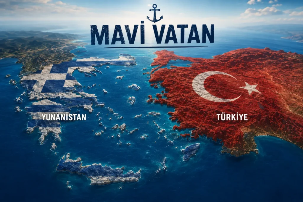 Ege Denizi’nde Türkiye ve Yunanistan’ı, iki ülkenin bayrak renkleri ve aralarındaki adalarla gösteren temsili görsel; üst bölümde yer alan “Mavi Vatan” ifadesi, Ankara ile Atina arasındaki adalar, deniz yetki alanları ve deniz milli parkları eksenindeki jeopolitik rekabete dikkat çekiyor.