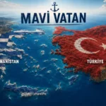 Ege Denizi’nde Türkiye ve Yunanistan’ı, iki ülkenin bayrak renkleri ve aralarındaki adalarla gösteren temsili görsel; üst bölümde yer alan “Mavi Vatan” ifadesi, Ankara ile Atina arasındaki adalar, deniz yetki alanları ve deniz milli parkları eksenindeki jeopolitik rekabete dikkat çekiyor.