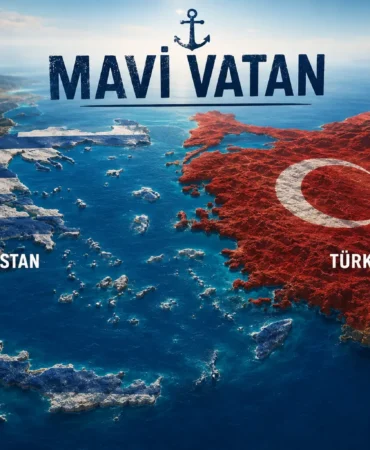 Ege Denizi’nde Türkiye ve Yunanistan’ı, iki ülkenin bayrak renkleri ve aralarındaki adalarla gösteren temsili görsel; üst bölümde yer alan “Mavi Vatan” ifadesi, Ankara ile Atina arasındaki adalar, deniz yetki alanları ve deniz milli parkları eksenindeki jeopolitik rekabete dikkat çekiyor.