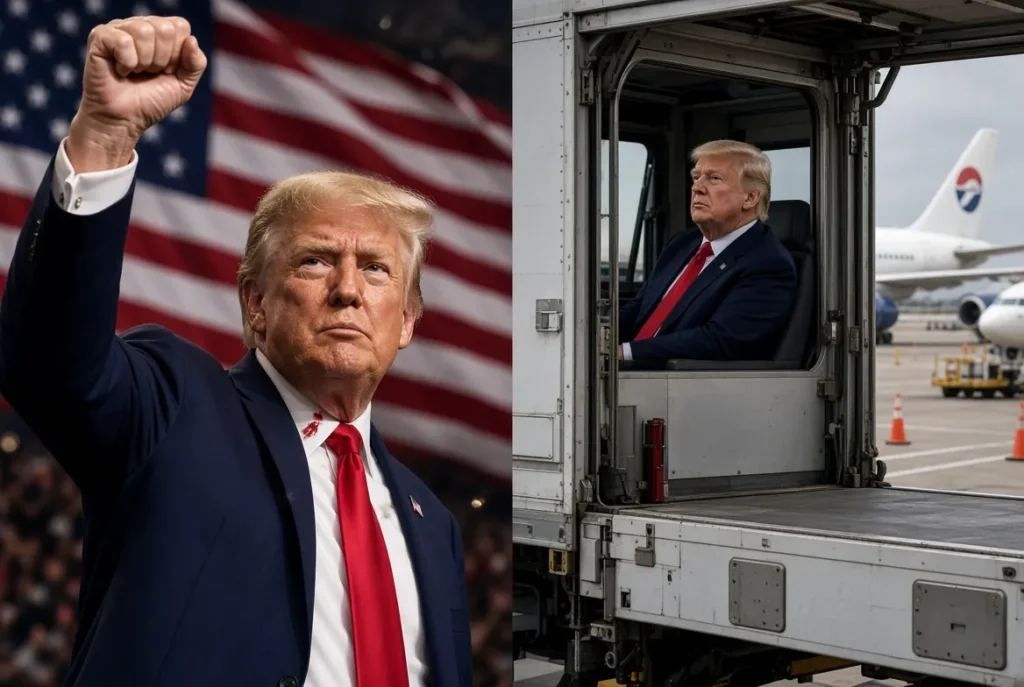 Donald Trump’ın iki panelli bir görüntüsü. Sol taraf: Kendisinin sevdiği ve kahraman olduğu görüntü — Trump yumruğunu sıkmış ve elini kaldırmış, kararlı ve kahramanca bir ifade, arka planda Amerikan bayrağı ve yüzünde hafif kan. Sağ taraf: Başkalarının gördüğü ve gizli olan görüntü — Trump havalimanında bir uçak catering kamyonunun kabininde oturmuş, ciddi bir bakışla gerçek bir havalimanı ortamında.