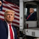 Donald Trump’ın iki panelli bir görüntüsü. Sol taraf: Kendisinin sevdiği ve kahraman olduğu görüntü — Trump yumruğunu sıkmış ve elini kaldırmış, kararlı ve kahramanca bir ifade, arka planda Amerikan bayrağı ve yüzünde hafif kan. Sağ taraf: Başkalarının gördüğü ve gizli olan görüntü — Trump havalimanında bir uçak catering kamyonunun kabininde oturmuş, ciddi bir bakışla gerçek bir havalimanı ortamında.