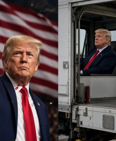 Donald Trump’ın iki panelli bir görüntüsü. Sol taraf: Kendisinin sevdiği ve kahraman olduğu görüntü — Trump yumruğunu sıkmış ve elini kaldırmış, kararlı ve kahramanca bir ifade, arka planda Amerikan bayrağı ve yüzünde hafif kan. Sağ taraf: Başkalarının gördüğü ve gizli olan görüntü — Trump havalimanında bir uçak catering kamyonunun kabininde oturmuş, ciddi bir bakışla gerçek bir havalimanı ortamında.