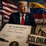 Donald Trump’ın ABD ve Venezuela bayrakları, petrol tesisleri, petrol varilleri ve iki ülke arasındaki petrol anlaşmasıyla birlikte gösterildiği temsili görsel; 65 milyar varillik anlaşmanın büyük bir petrol anlaşması mı, yoksa Venezuela’da yeni sömürgeciliğin bir yansıması mı olduğu sorusunu gündeme getiriyor.