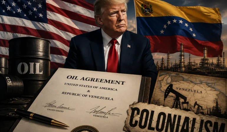 Donald Trump’ın ABD ve Venezuela bayrakları, petrol tesisleri, petrol varilleri ve iki ülke arasındaki petrol anlaşmasıyla birlikte gösterildiği temsili görsel; 65 milyar varillik anlaşmanın büyük bir petrol anlaşması mı, yoksa Venezuela’da yeni sömürgeciliğin bir yansıması mı olduğu sorusunu gündeme getiriyor.
