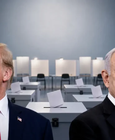 Donald Trump ve Binyamin Netanyahu’nun, ABD ve İsrail bayrakları önünde yer aldığı; arka planda sandık ve oy verme alanının görüldüğü seçim temalı birleşik görsel.