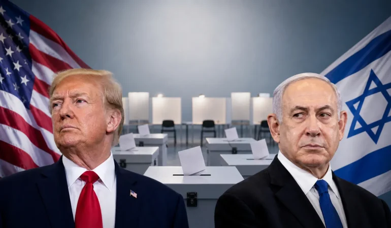 Donald Trump ve Binyamin Netanyahu’nun, ABD ve İsrail bayrakları önünde yer aldığı; arka planda sandık ve oy verme alanının görüldüğü seçim temalı birleşik görsel.