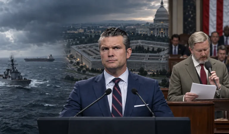 ABD Savunma Bakanı Pete Hegseth Pentagon’un önünde görülürken, Thomas Massie Temsilciler Meclisinde azil tasarısını okuyor; bir Amerikan savaş gemisi de petrol tankerinin yakınında ilerliyor.
