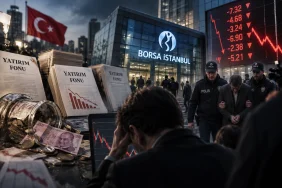 Borsa İstanbul, düşüş grafikleri, yatırım fonu belgeleri, Türk lirası ve polis tarafından gözaltına alınan bir kişinin yer aldığı Türkiye’deki yatırım fonu krizini anlatan temsili görsel.