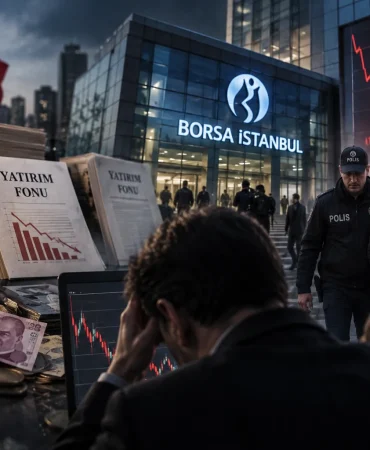 Borsa İstanbul, düşüş grafikleri, yatırım fonu belgeleri, Türk lirası ve polis tarafından gözaltına alınan bir kişinin yer aldığı Türkiye’deki yatırım fonu krizini anlatan temsili görsel.