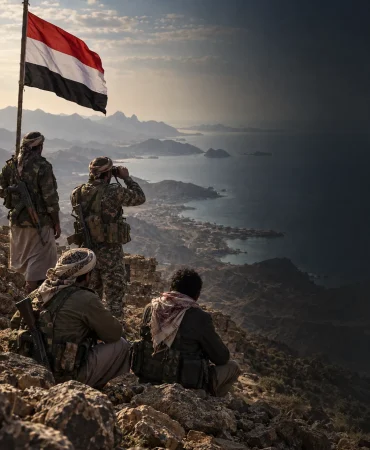Kızıldeniz’e hâkim yüksek bir noktadaki Yemenli savaşçıları, Yemen bayrağını ve Hudeyde’den Muha ile Babülmendep yakınındaki Meyyun Adası’na uzanan ilerleme güzergâhını gösteren haber illüstrasyonu.