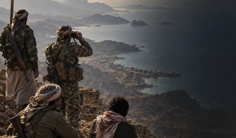 Kızıldeniz’e hâkim yüksek bir noktadaki Yemenli savaşçıları, Yemen bayrağını ve Hudeyde’den Muha ile Babülmendep yakınındaki Meyyun Adası’na uzanan ilerleme güzergâhını gösteren haber illüstrasyonu.