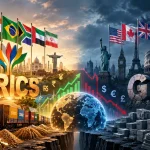Küresel ekonomide BRICS ile G7 arasındaki rekabeti simgeleyen görsel; bir tarafta ulusal para birimleriyle ticaret, enerji, teknoloji ve daha bağımsız finansal yapılar üzerinde duran yükselen güçler, diğer tarafta dolar ve geleneksel küresel finans sistemi etrafında şekillenen büyük Batı ekonomileri yer alıyor. Görsel, geleceğin ekonomik düzenini şekillendirme mücadelesini ve tek kutuplu yapıdan çok kutuplu dünyaya doğru ilerleyen dönüşümü yansıtıyor.