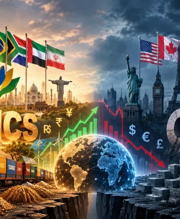 Küresel ekonomide BRICS ile G7 arasındaki rekabeti simgeleyen görsel; bir tarafta ulusal para birimleriyle ticaret, enerji, teknoloji ve daha bağımsız finansal yapılar üzerinde duran yükselen güçler, diğer tarafta dolar ve geleneksel küresel finans sistemi etrafında şekillenen büyük Batı ekonomileri yer alıyor. Görsel, geleceğin ekonomik düzenini şekillendirme mücadelesini ve tek kutuplu yapıdan çok kutuplu dünyaya doğru ilerleyen dönüşümü yansıtıyor.