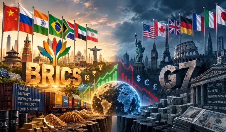 Küresel ekonomide BRICS ile G7 arasındaki rekabeti simgeleyen görsel; bir tarafta ulusal para birimleriyle ticaret, enerji, teknoloji ve daha bağımsız finansal yapılar üzerinde duran yükselen güçler, diğer tarafta dolar ve geleneksel küresel finans sistemi etrafında şekillenen büyük Batı ekonomileri yer alıyor. Görsel, geleceğin ekonomik düzenini şekillendirme mücadelesini ve tek kutuplu yapıdan çok kutuplu dünyaya doğru ilerleyen dönüşümü yansıtıyor.