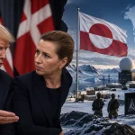 Donald Trump ve Danimarka Başbakanı’nın, Grönland’ın karlı coğrafyasındaki bir ABD askeri üssüyle birlikte gösterildiği temsili görsel; Grönland bayrağı ve askeri tesisler, ABD’nin adadaki güvenlik ve askeri varlığını genişletmeye yönelik müzakereleri simgeliyor.