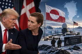 Donald Trump ve Danimarka Başbakanı’nın, Grönland’ın karlı coğrafyasındaki bir ABD askeri üssüyle birlikte gösterildiği temsili görsel; Grönland bayrağı ve askeri tesisler, ABD’nin adadaki güvenlik ve askeri varlığını genişletmeye yönelik müzakereleri simgeliyor.