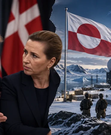 Donald Trump ve Danimarka Başbakanı’nın, Grönland’ın karlı coğrafyasındaki bir ABD askeri üssüyle birlikte gösterildiği temsili görsel; Grönland bayrağı ve askeri tesisler, ABD’nin adadaki güvenlik ve askeri varlığını genişletmeye yönelik müzakereleri simgeliyor.