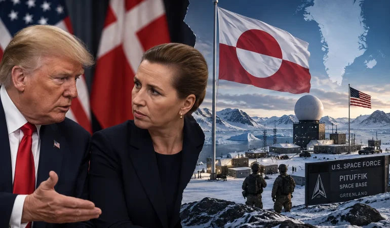Donald Trump ve Danimarka Başbakanı’nın, Grönland’ın karlı coğrafyasındaki bir ABD askeri üssüyle birlikte gösterildiği temsili görsel; Grönland bayrağı ve askeri tesisler, ABD’nin adadaki güvenlik ve askeri varlığını genişletmeye yönelik müzakereleri simgeliyor.