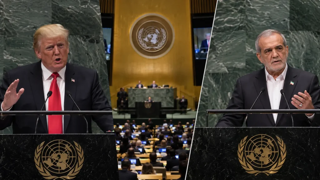 Donald Trump ve Mesud Pezeşkiyan’ın Birleşmiş Milletler Genel Kurulu kürsüsündeki konuşmalarını gösteren, merkezinde BM Genel Kurul salonunun yer aldığı birleşik görsel.