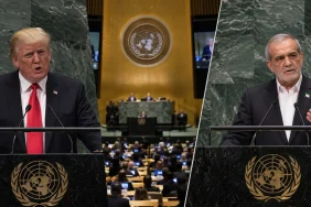 Donald Trump ve Mesud Pezeşkiyan’ın Birleşmiş Milletler Genel Kurulu kürsüsündeki konuşmalarını gösteren, merkezinde BM Genel Kurul salonunun yer aldığı birleşik görsel.